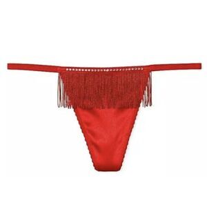 Victoria's Secret Very Sexy Red Satin Fringe‎ V-string Thong Panty Sz XS